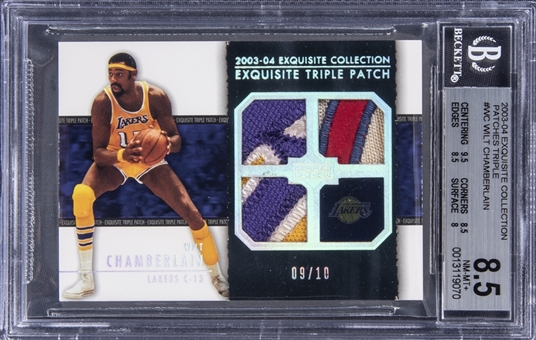 2003-04 UD "Exquisite Collection" Patches Triple #WC Wilt Chamberlain Game Used Patch Card (#09/10) – BGS NM-MT+ 8.5
